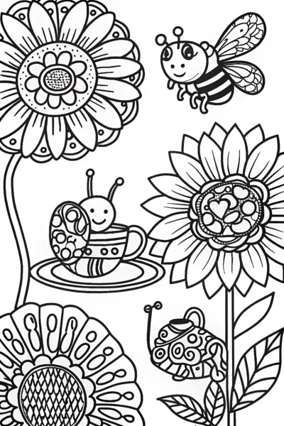 Snail and Bee Garden Tea Party Coloring Page