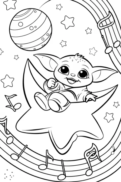 Baby Yoda’s Galactic Musical Adventure Coloring Page