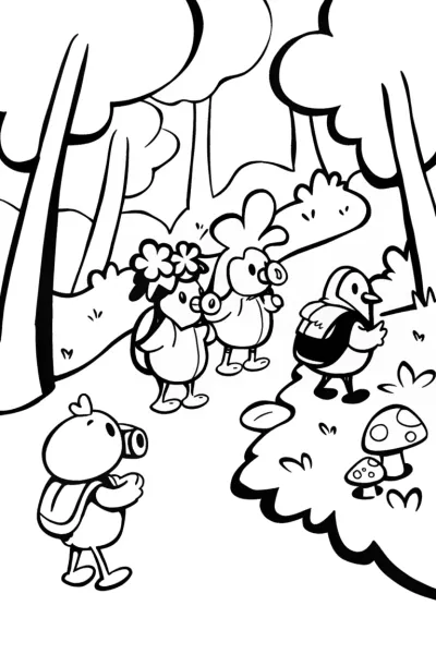 Chickens on a Nature Adventure Coloring Page