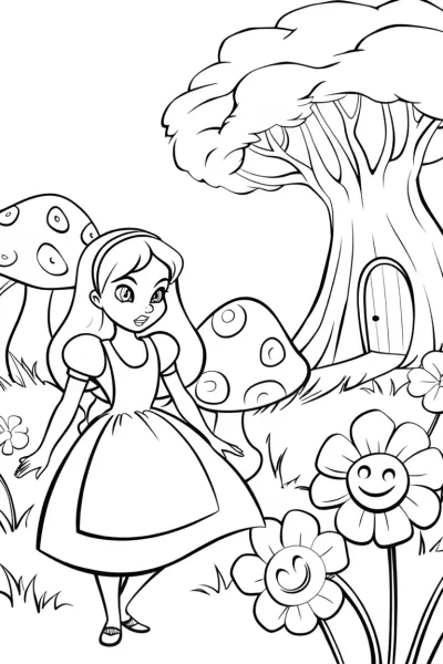 Alice’s Enchanted Garden Adventure Coloring Page