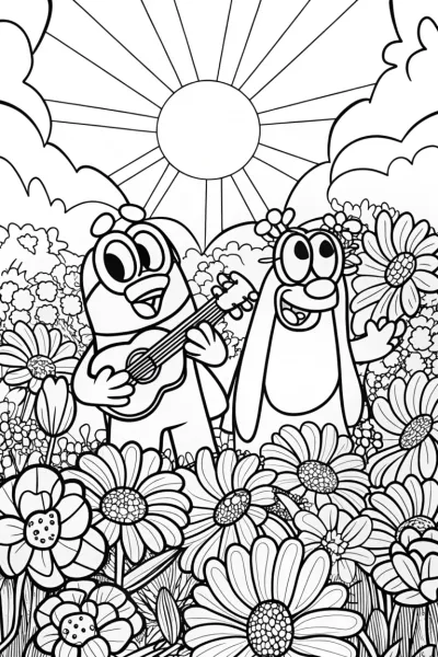 Bluey and Bingo’s Musical Garden Coloring Page