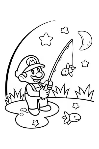 Mario’s Starlit Fishing Adventure Coloring Page