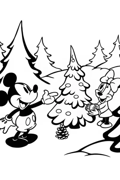 Mickey and Minnie’s Christmas Tree Delight Coloring Page