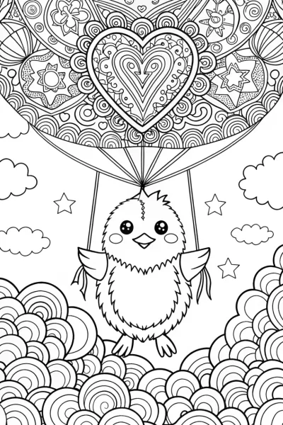 Chick’s Balloon Journey Through the Clouds Coloring Page