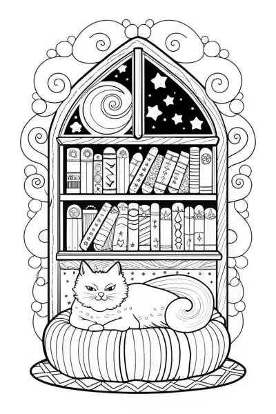 Pudding the Cat’s Cozy Book Nook Coloring Page
