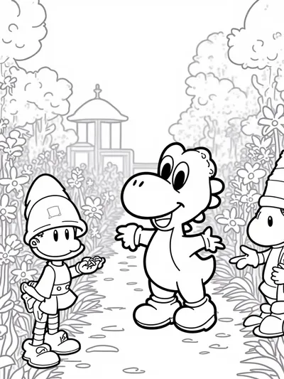 Yoshi in a garden with gnomes