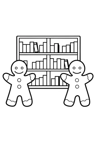 Gingerbread characters in a library