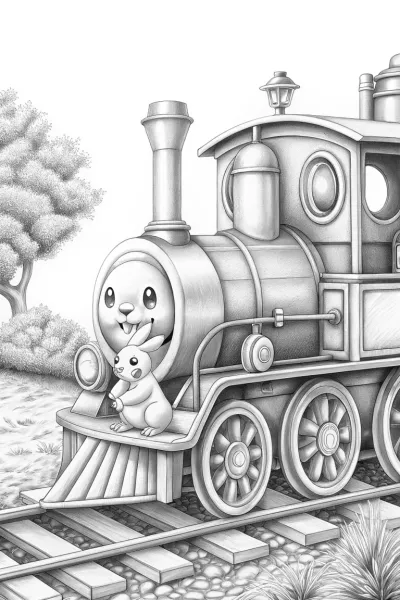 Pikachu on a vintage steam train