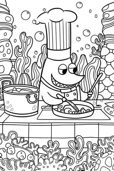 Shark Chef’s Seafood Feast Coloring Page