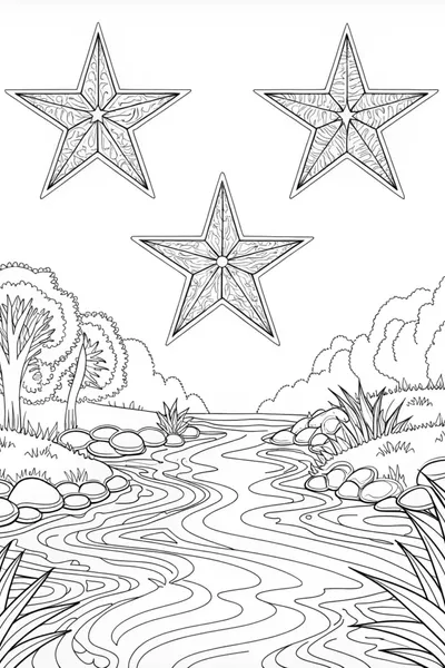Mountain Stream and Starry Reflection Coloring Page