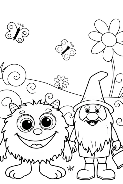 Monster and Gnome Garden Coloring Page