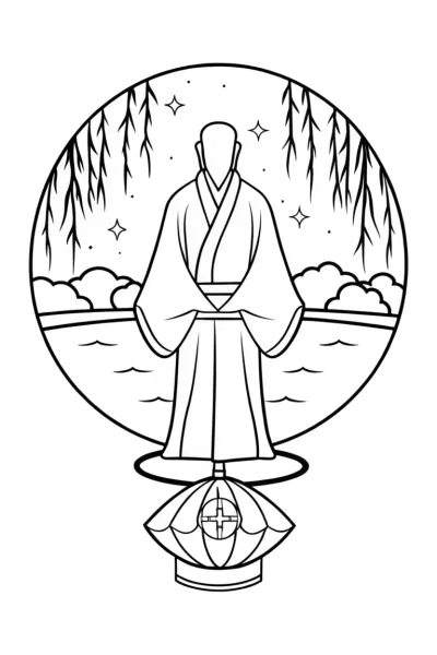 Ninja on a Floating Lantern Coloring Page