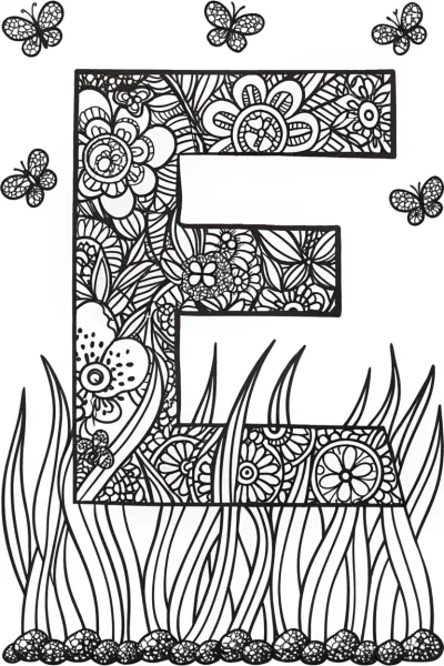 Letter ‘E’ in the Enchanted Garden Coloring Page