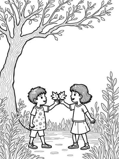 Children sharing colorful leaves