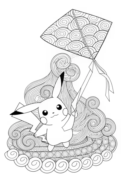 Pikachu flying a lightning bolt kite