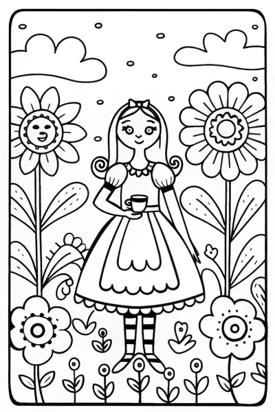 Alice in the Enchanted Tea Garden Coloring Page