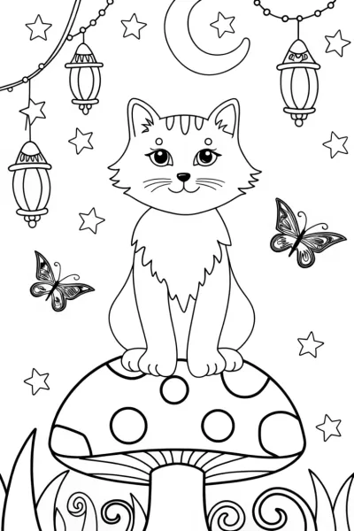 Doodle the Cat’s Magical Mushroom Coloring Page
