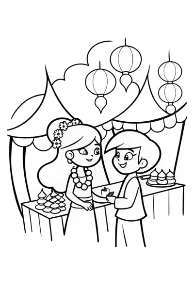 Anime Adventurers in the Enchanted Bazaar Coloring Page