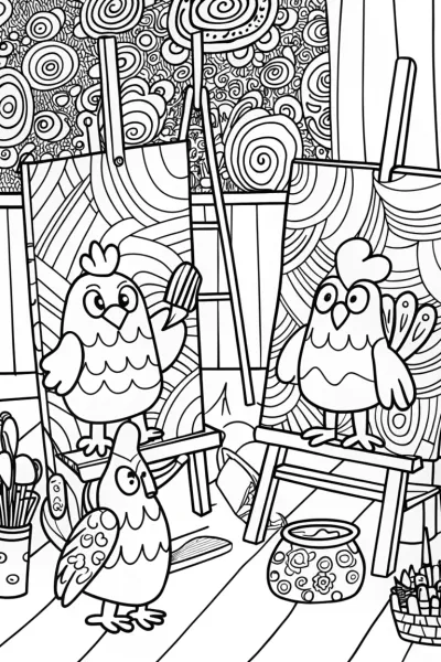 Chickens on an Art Adventure Coloring Page