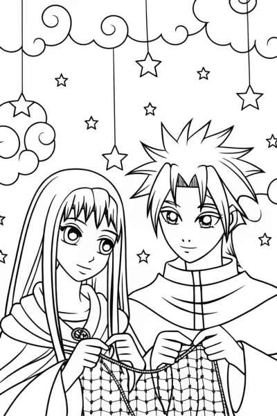 Anime Dream Weavers at the Celestial Loom Coloring Page