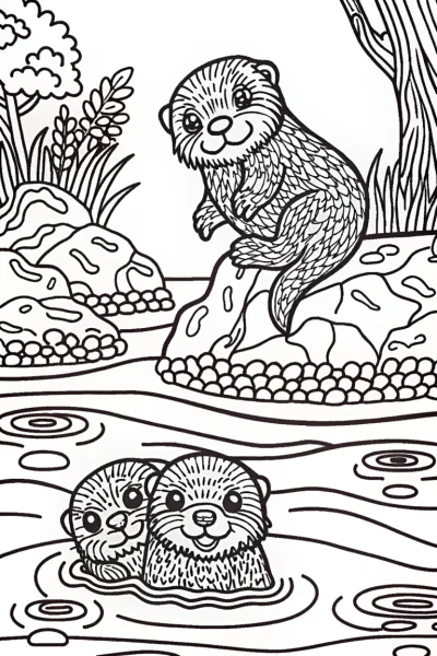 Playful Otter Family Coloring Page