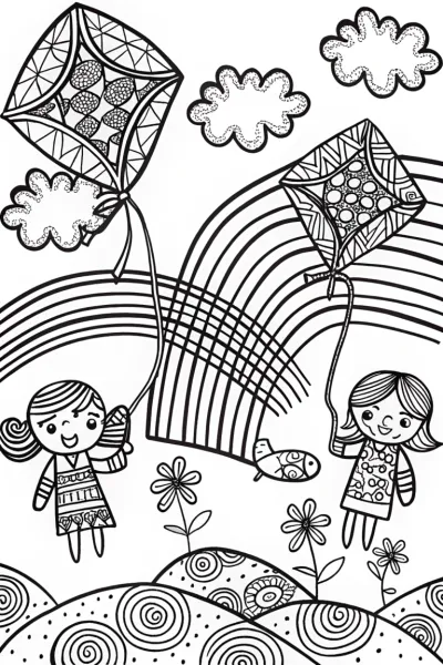 Coloring page of kite-flying joy