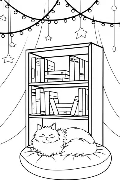 Bella the Cat in a Cozy Book Nook Coloring Page