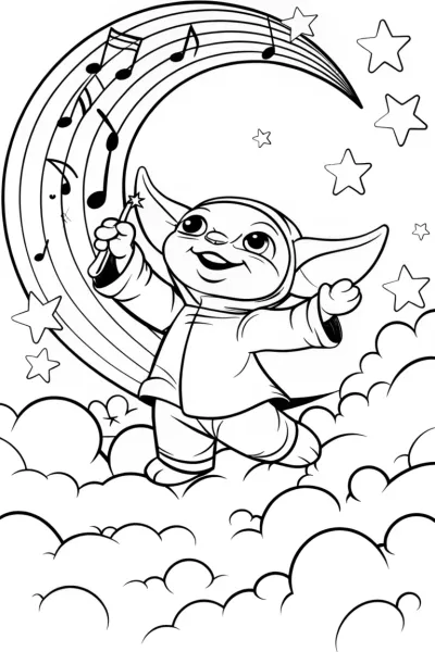 Baby Yoda’s Musical Moonlight Dance Coloring Page