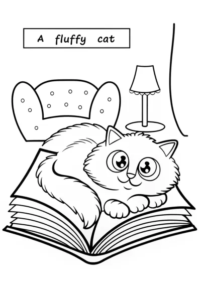 Fluffy Cat in a Cozy Reading Nook Coloring Page