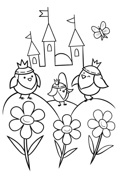 Chickens on Adventure in a Magical Castle Coloring Page