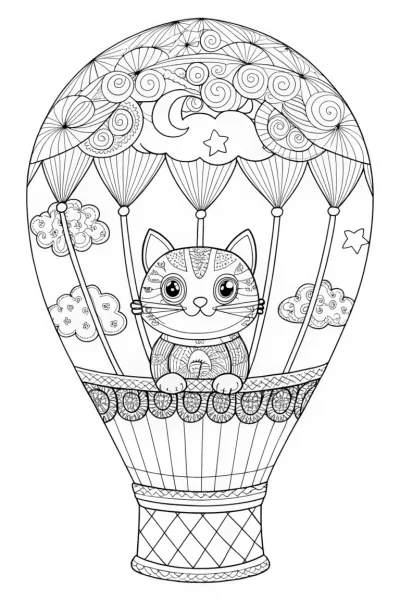 Cheerful Cat’s Balloon Adventure Coloring Page