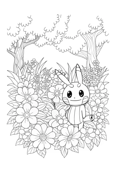 Mimikyu exploring a flower garden