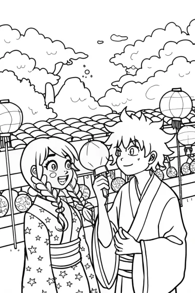 Anime Adventurers in a Floating Market Coloring Page