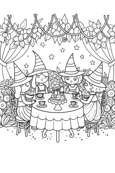 Witch’s Garden Tea Party Coloring Page
