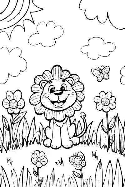 Joyful Lion Cub in Flower Garden Coloring Page