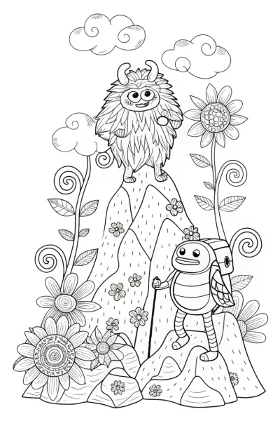 Monster Mountain Climbing Adventure Coloring Page