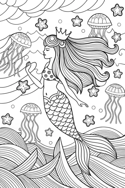 Mermaid’s Celestial Voyage Coloring Page