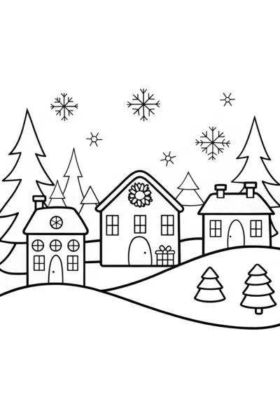 Christmas Tree Village Celebration Coloring Page