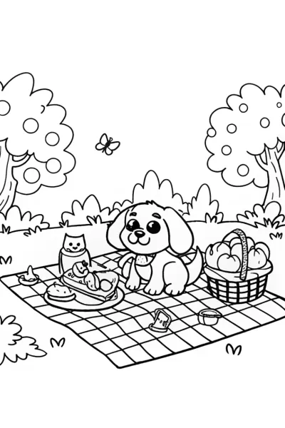 Puppy Picnic Delight Coloring Page