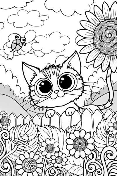 Sunny the Cat in a Flower Garden Coloring Page