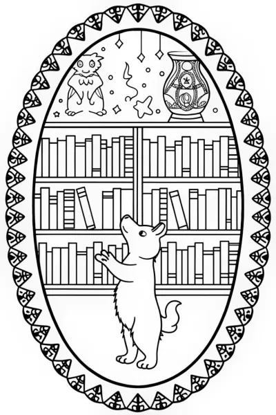 Puppy Adventurer in a Whimsical Library