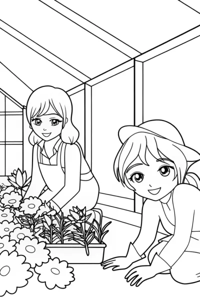 Anime gardeners in a greenhouse