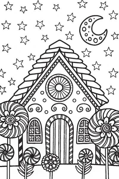 Gingerbread House Under the Starlit Canopy Coloring Page