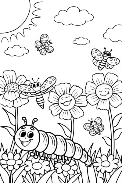 The Cheery Caterpillar’s Garden Stroll Coloring Page