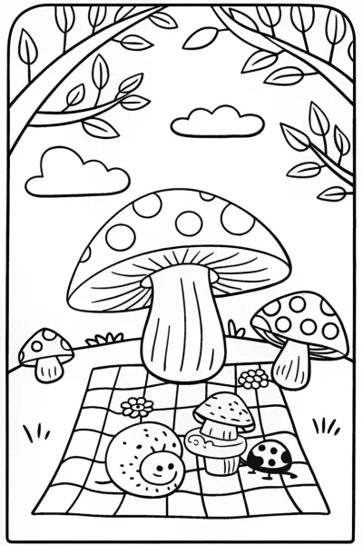 Mushroom Picnic Party Coloring Page