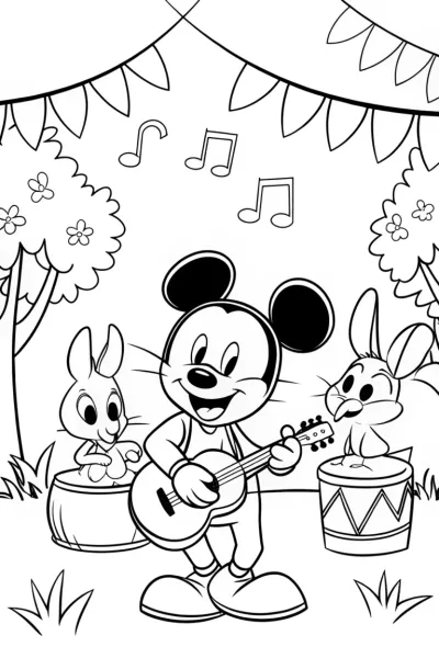 Mickey Mouse strumming at the music fest