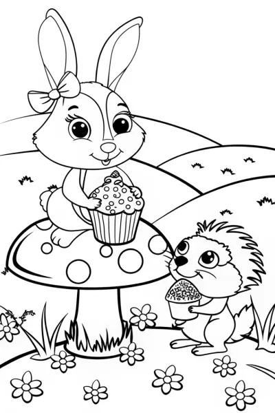 Rabbit and Hedgehog Spring Party Coloring Page