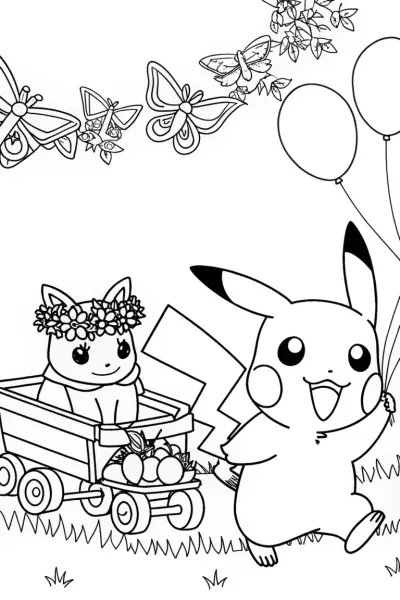Pikachu Garden Parade Coloring Page