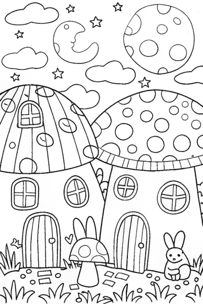 Mushroom Village Adventure Coloring Page