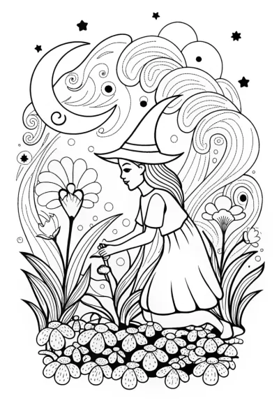 Witch’s Enchanted Garden Coloring Page